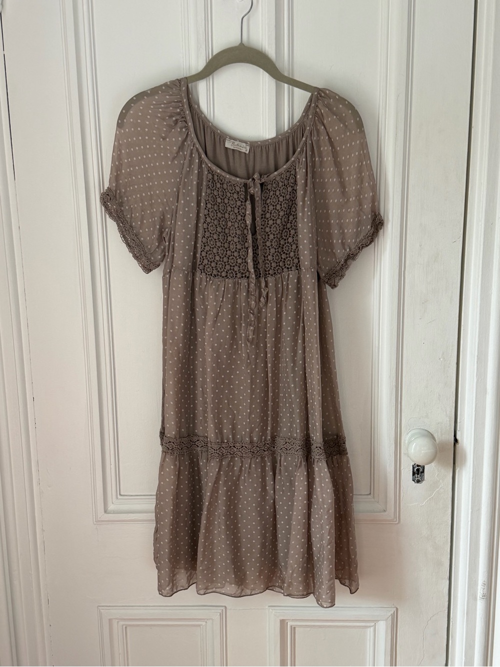 Bellaumbra Made in Italy Silk Blend Polka Dot Short Sleeve Lace Lined Midi Dress